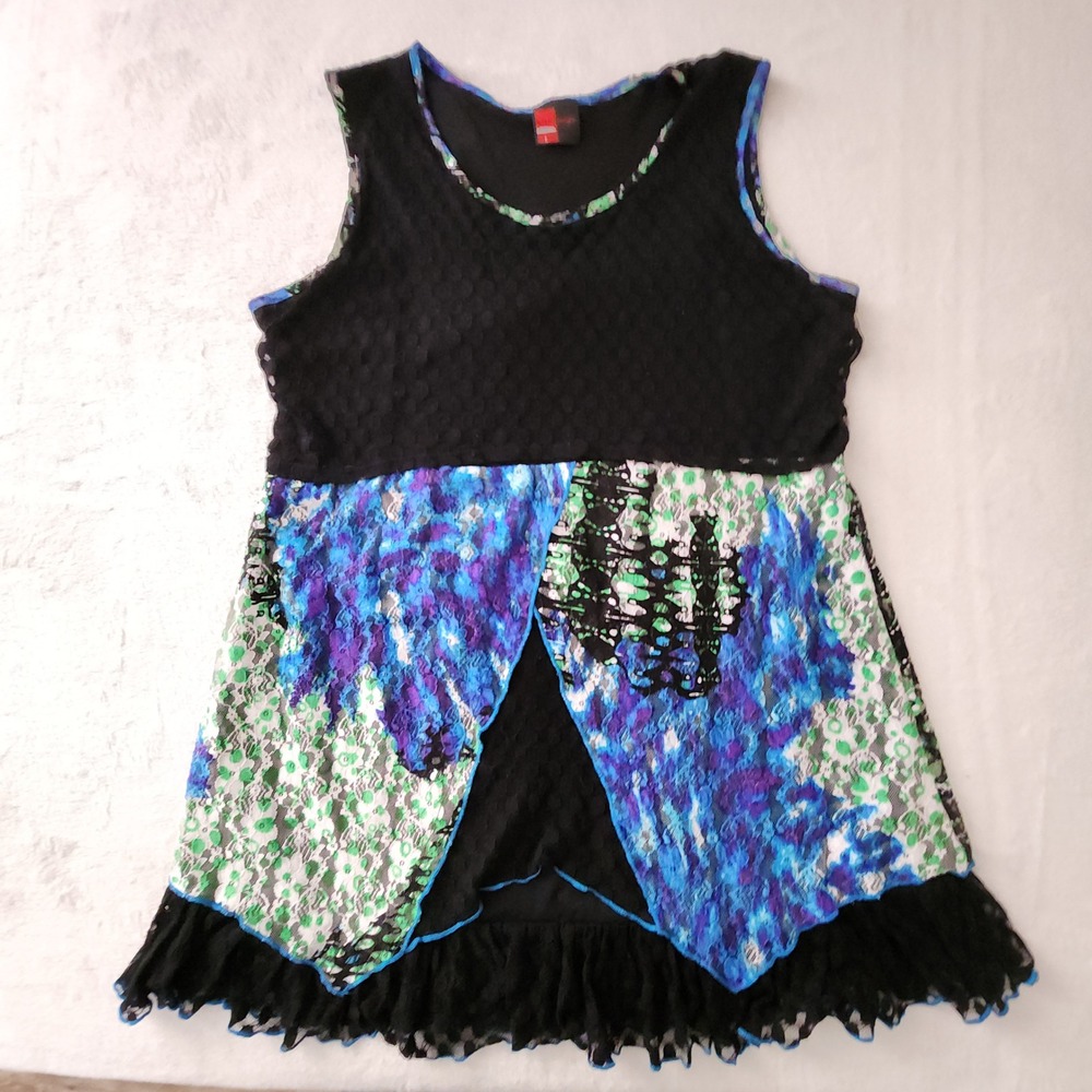 Vintage Tunic Top Womens XL Black Blue Floral Lace Mixed Media Whimsical Artsy